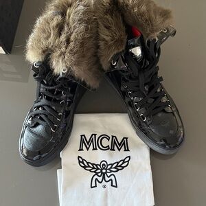 MCM Black Sneakers with Brown Fur Trim